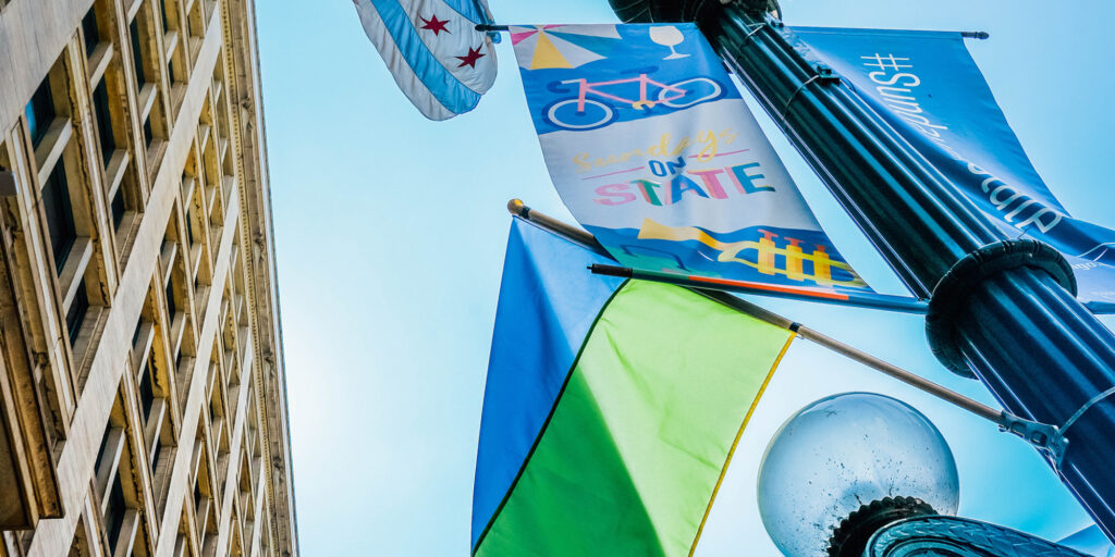 Flag display adorns State Street in honor of Ukrainian Independence Day and Kyiv City Ballet performances
